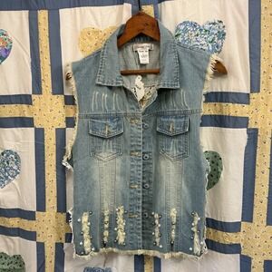 NWT Paisley Vine Denim Vest Large Lace Back Pearl Distressed Sleeveless